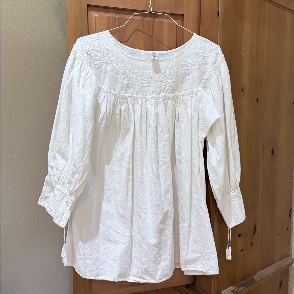 White Cotton Peasant Blouse with Embroidery - Picture 2 of 7